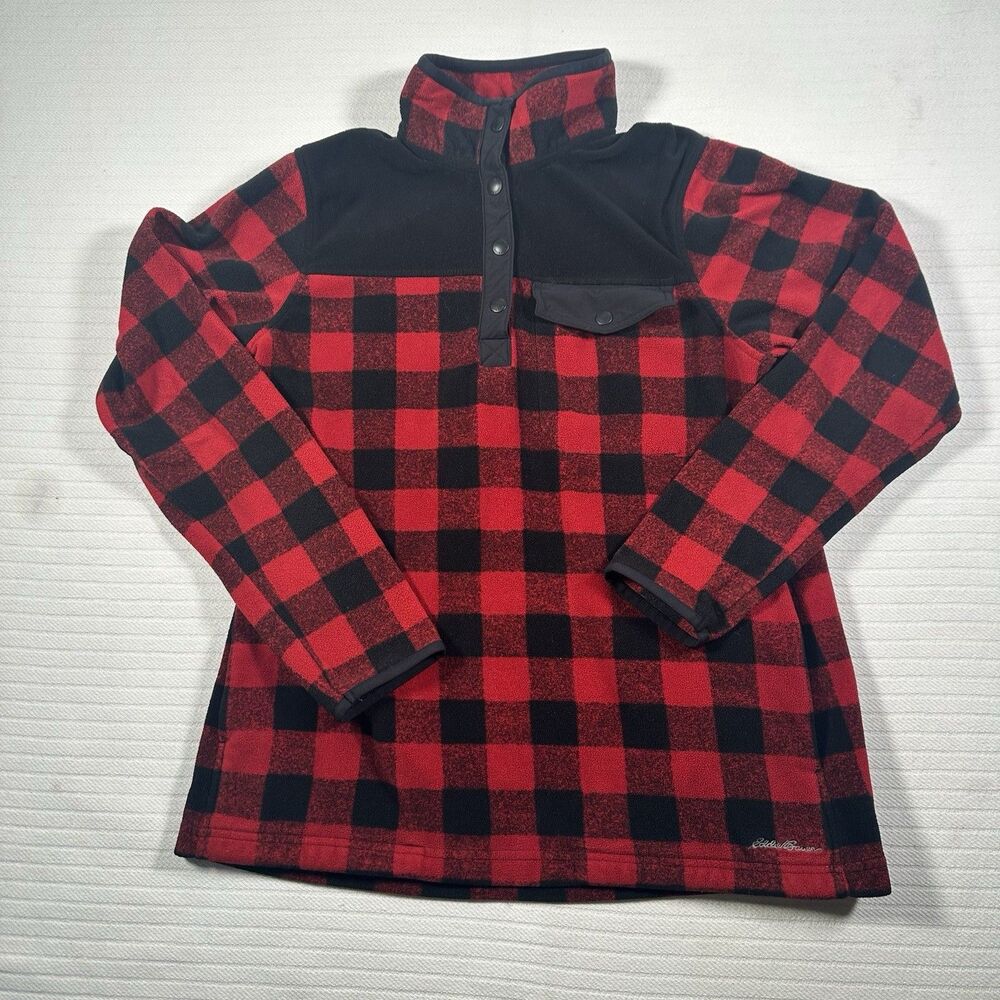 Eddie Bauer Women’s Medium Red Black Buffalo Plaid Fleece Pullover Snap Neck